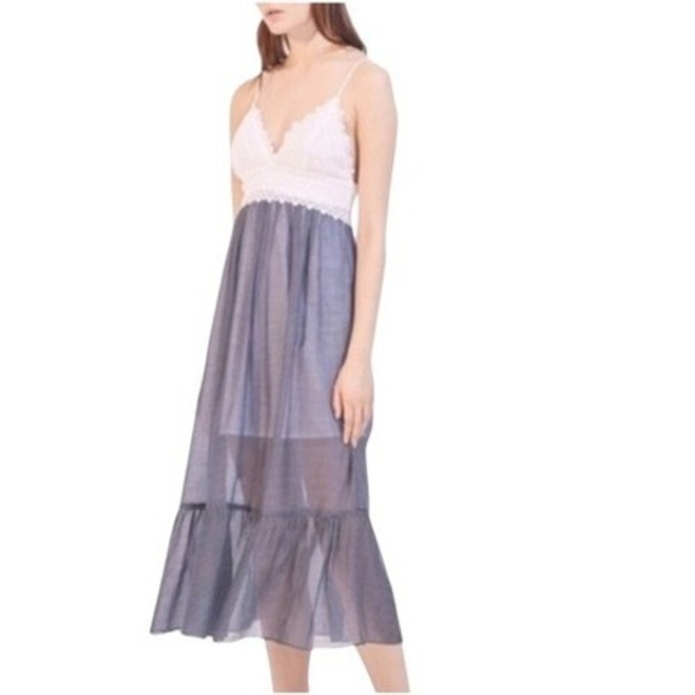 Sandro Sheer Stripe Lace Trim Maxi Dress Spaghetti‎ Strap V Neck
